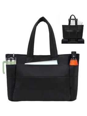 Large Quilted Puffer Tote Bag with Laptop Compartment & Trolley Sleeve